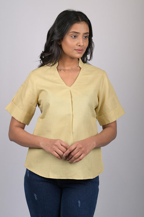 Top for women branded garments party wear short sleeve Mustard Yellow V-Neck Top With Collar (OTL-TPS1056)